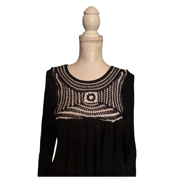 Free People Soulmate Crochet Tunic Top Black Waffle Knit Long Sleeves Size S - Picture 3 of 9